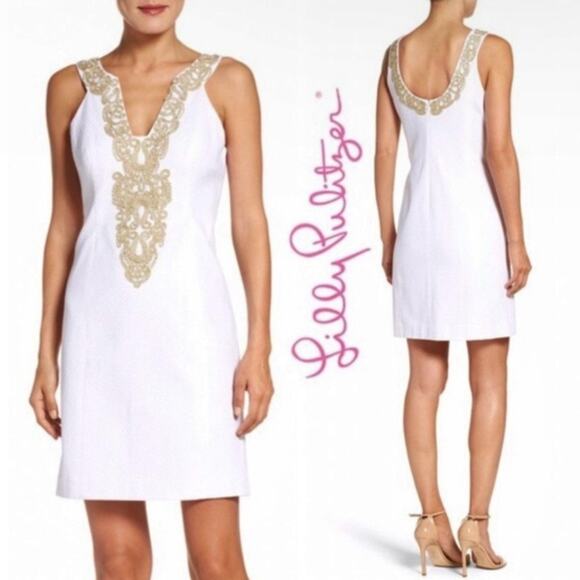 Lilly Pulitzer Suzette Shift Dress White Resort Gold Embroidery Sheath Mini sz 2 - Picture 3 of 14